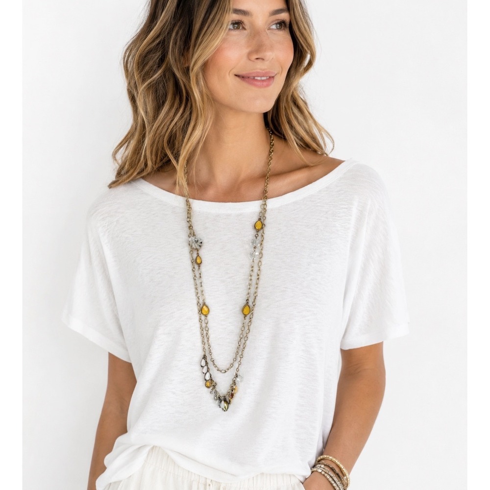 LOFT Gold Tone Layered Necklace Yellow White Teardrop Multi Strand 103-212‎